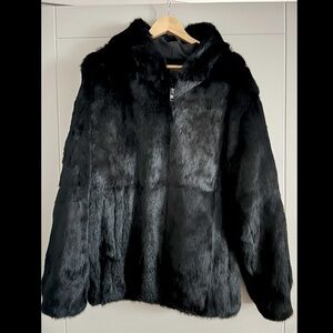Adrienne Landau Black Hooded Fur Jacket - large
